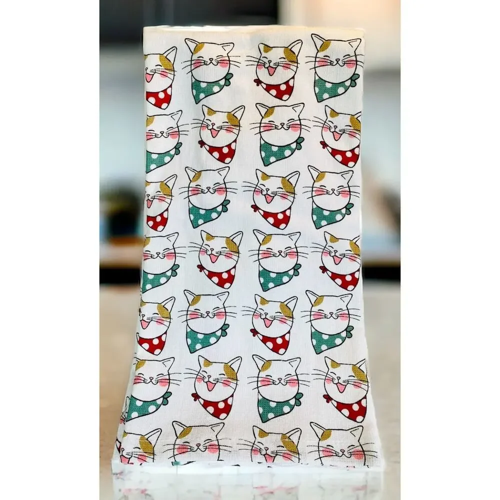 NWT Bandana Cat Lover Kitten Orange Cats Polka Dots Kitchen 2 Piece Towel Set